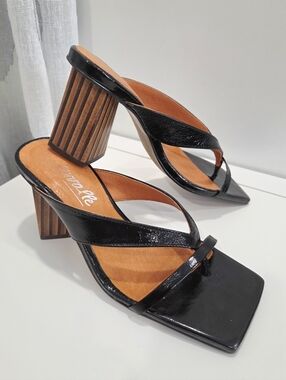 L'Intervalle Black Leather Square Toe Thong Sandals Wood Block Heel Size 36